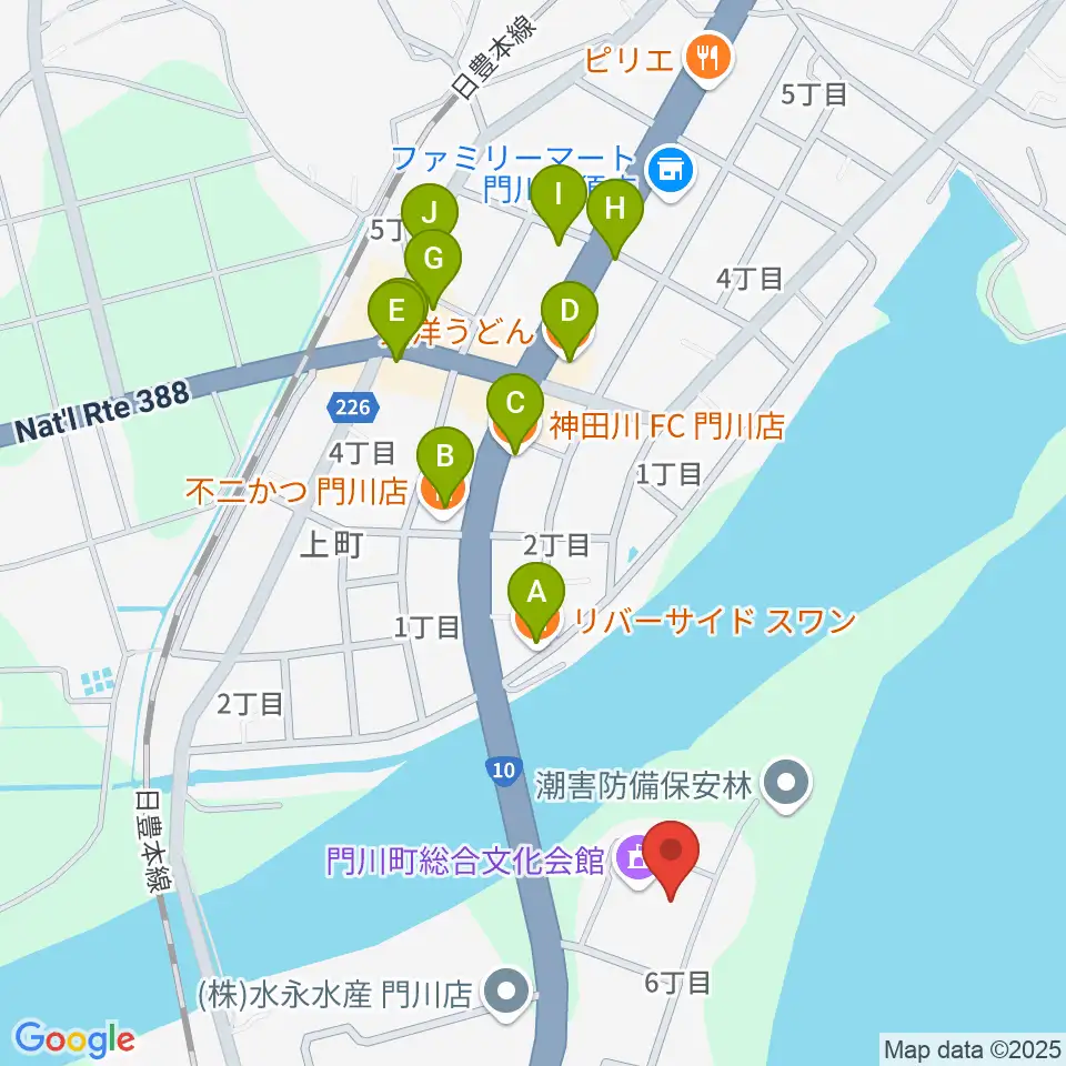 門川町総合文化会館周辺のファミレス・ファーストフード一覧地図