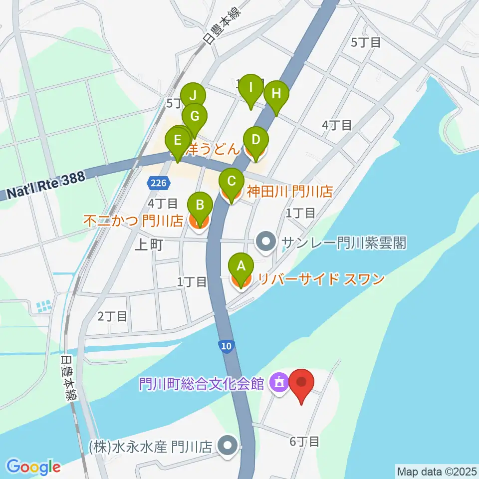 門川町総合文化会館周辺のファミレス・ファーストフード一覧地図