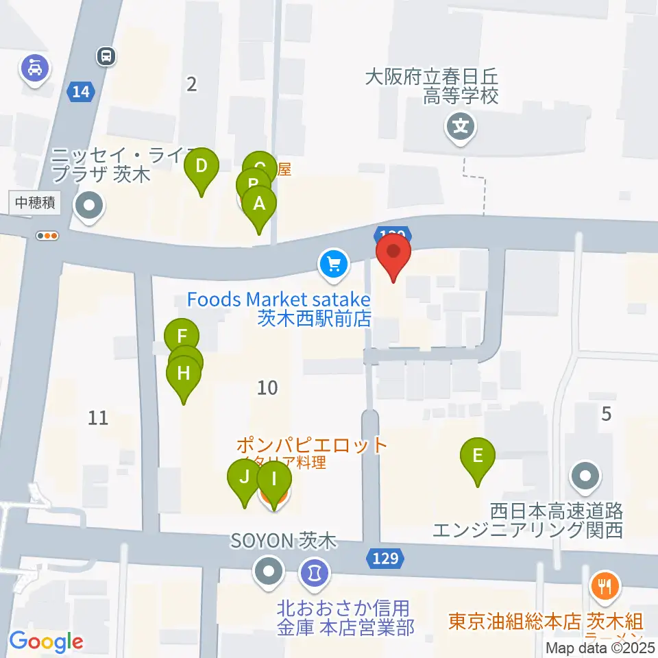 桐朋 子供のための音楽教室 茨木教室周辺のファミレス・ファーストフード一覧地図