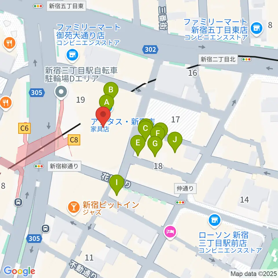 ミュージックアベニュー新宿クラッセ周辺のファミレス・ファーストフード一覧地図