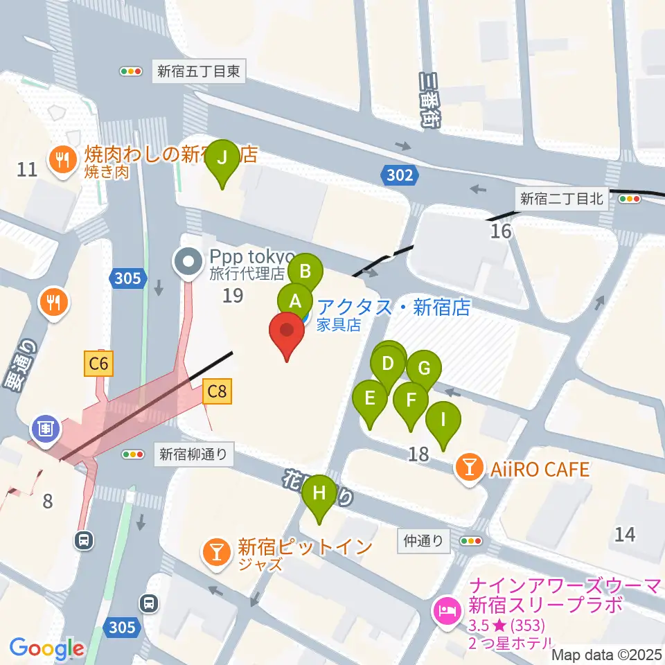ミュージックアベニュー新宿クラッセ周辺のファミレス・ファーストフード一覧地図