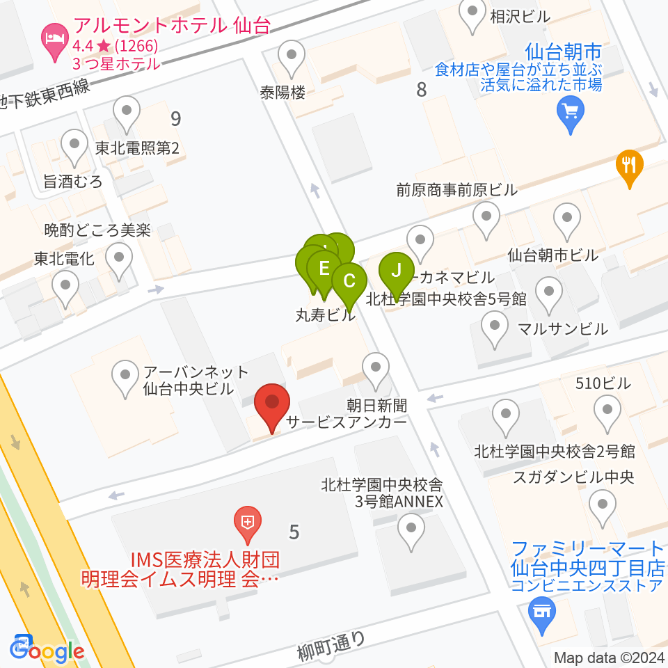 仙台中央音楽センター周辺のファミレス・ファーストフード一覧地図