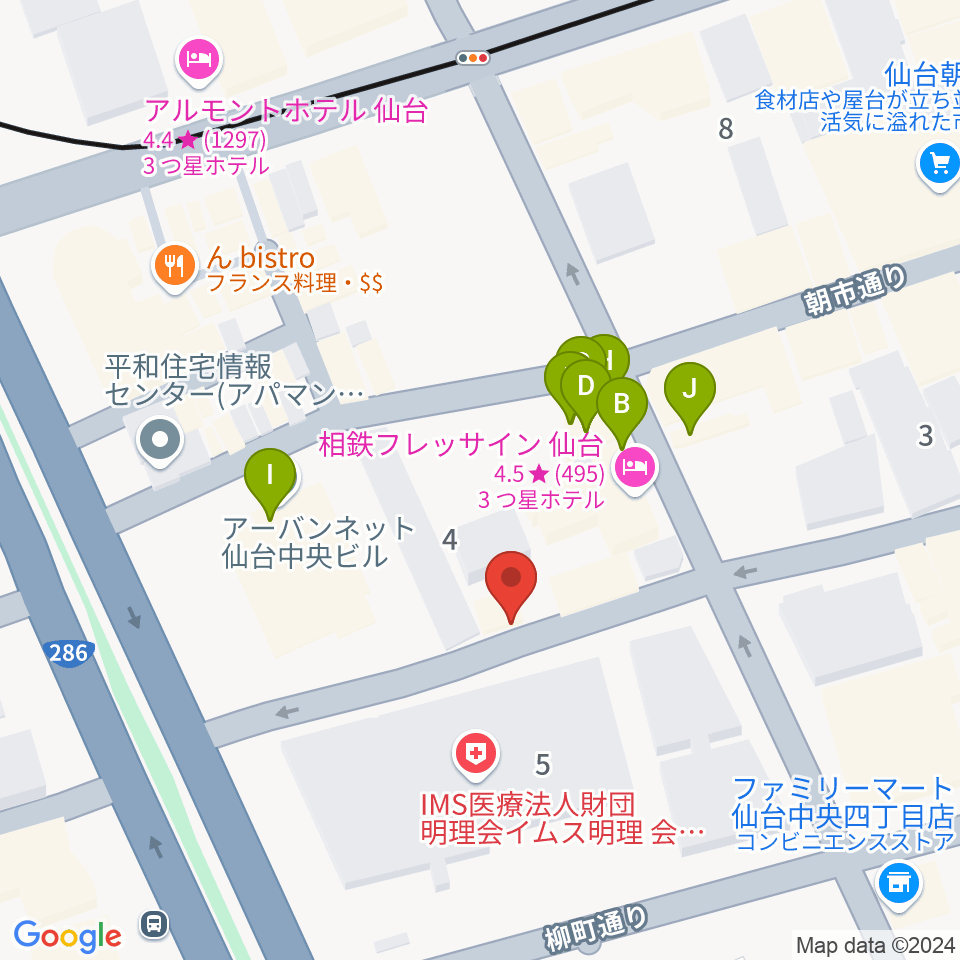 仙台中央音楽センター周辺のファミレス・ファーストフード一覧地図