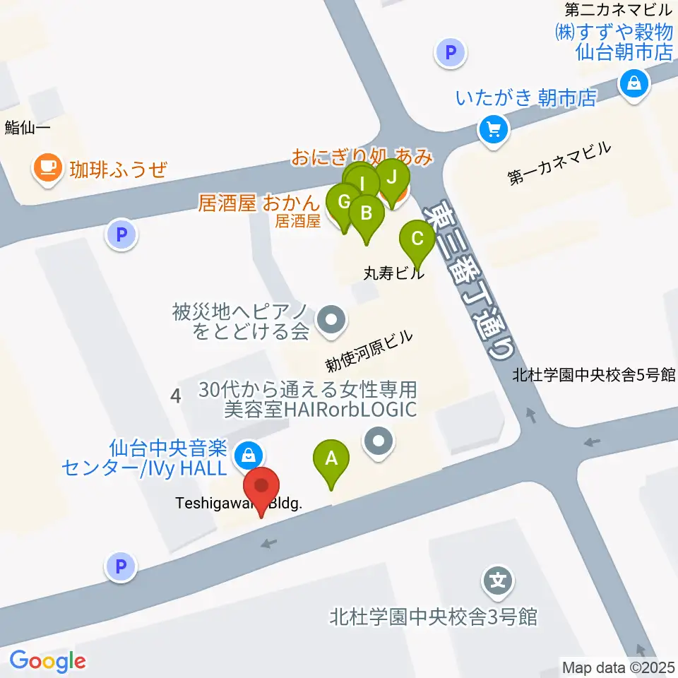 仙台中央音楽センター周辺のファミレス・ファーストフード一覧地図