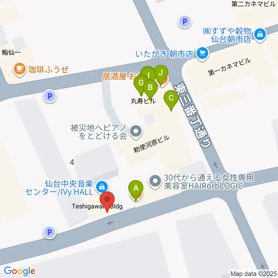 仙台中央音楽センター周辺のファミレス・ファーストフード一覧地図