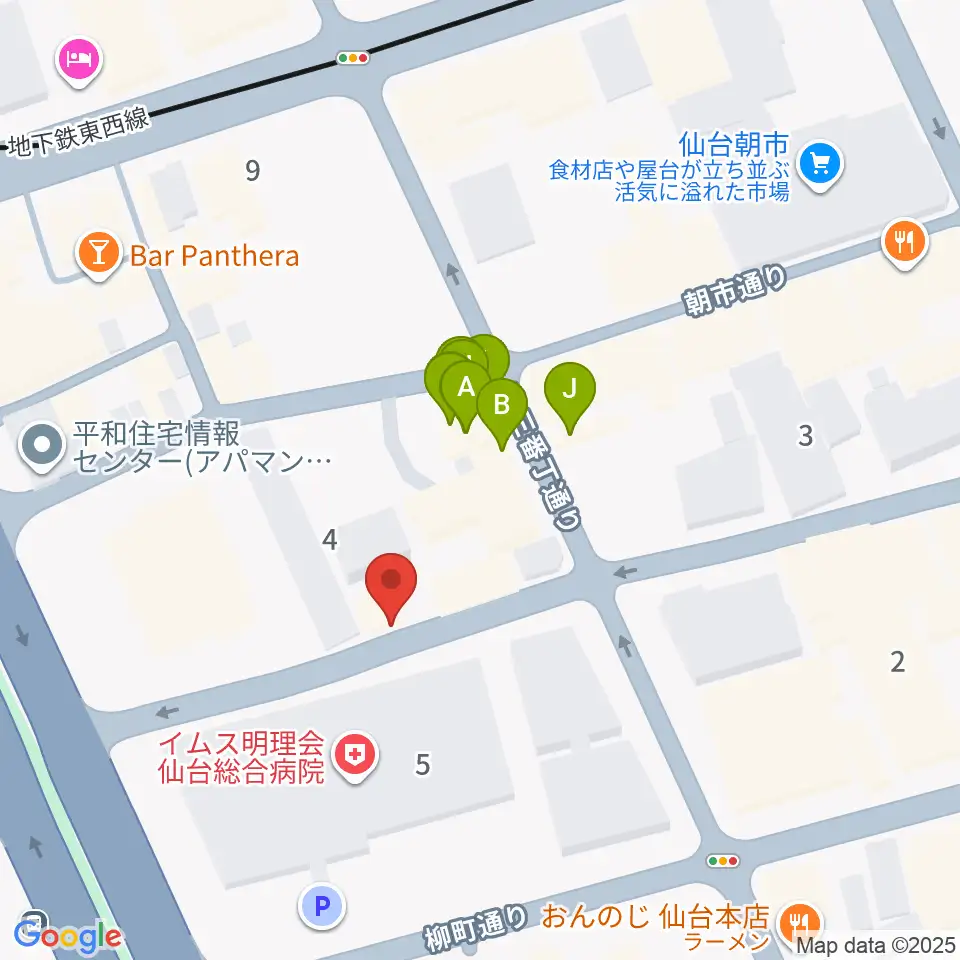 仙台中央音楽センター周辺のファミレス・ファーストフード一覧地図