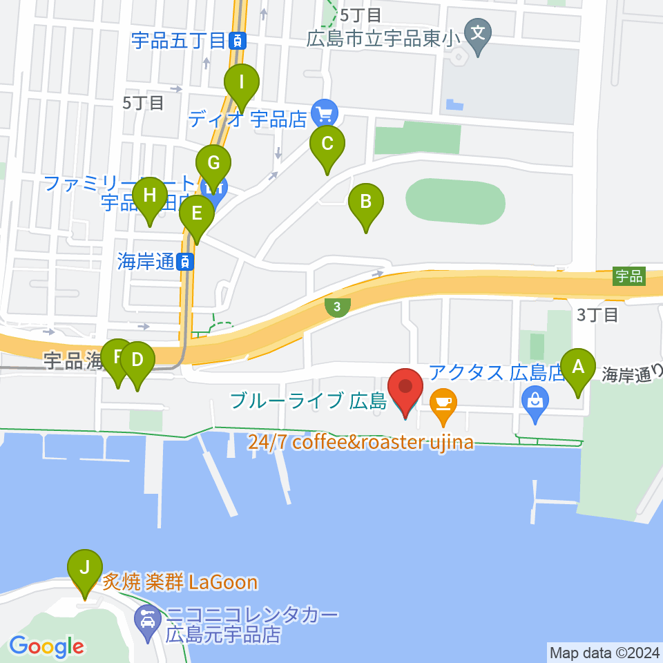 ブルーライブ広島周辺のファミレス・ファーストフード一覧地図