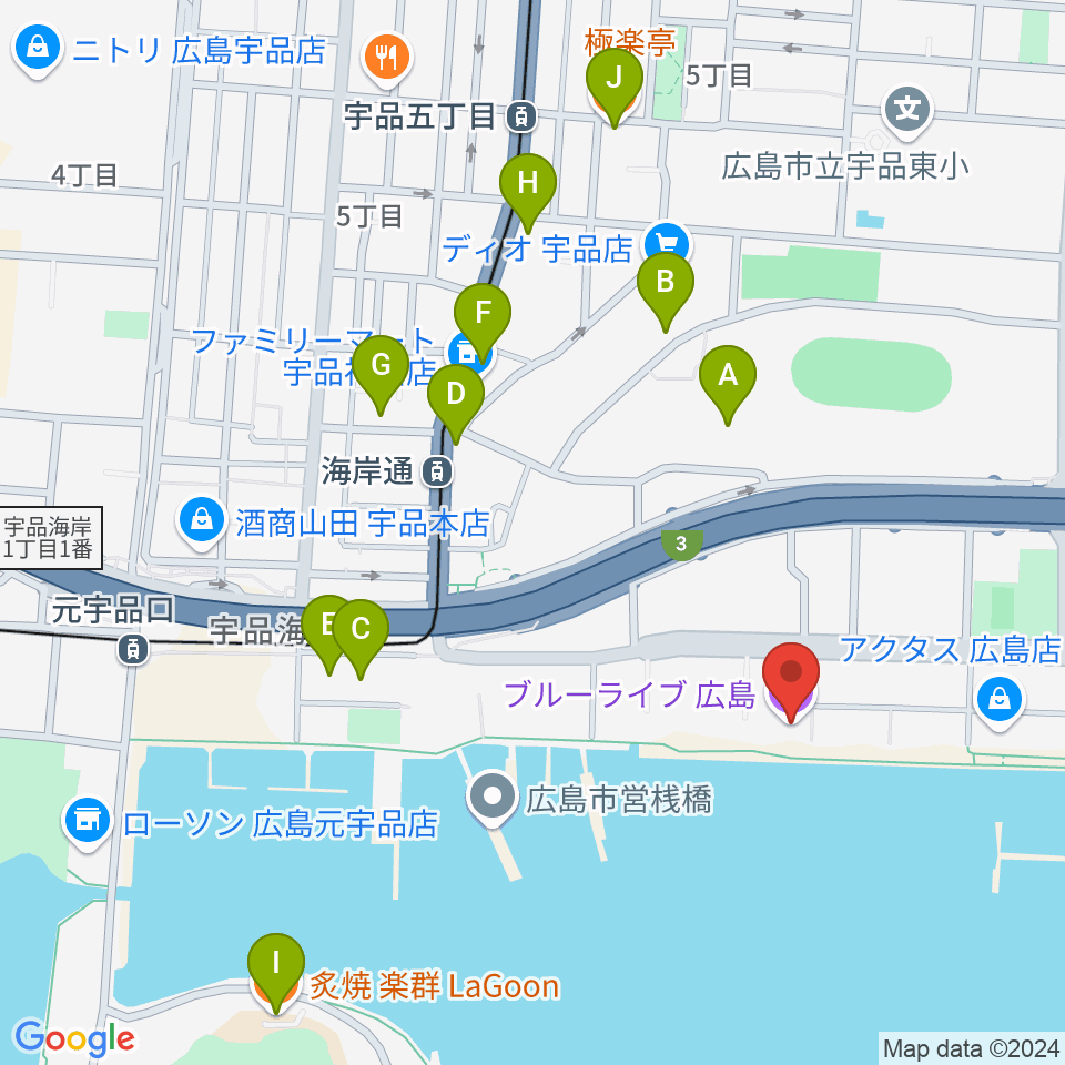 ブルーライブ広島周辺のファミレス・ファーストフード一覧地図