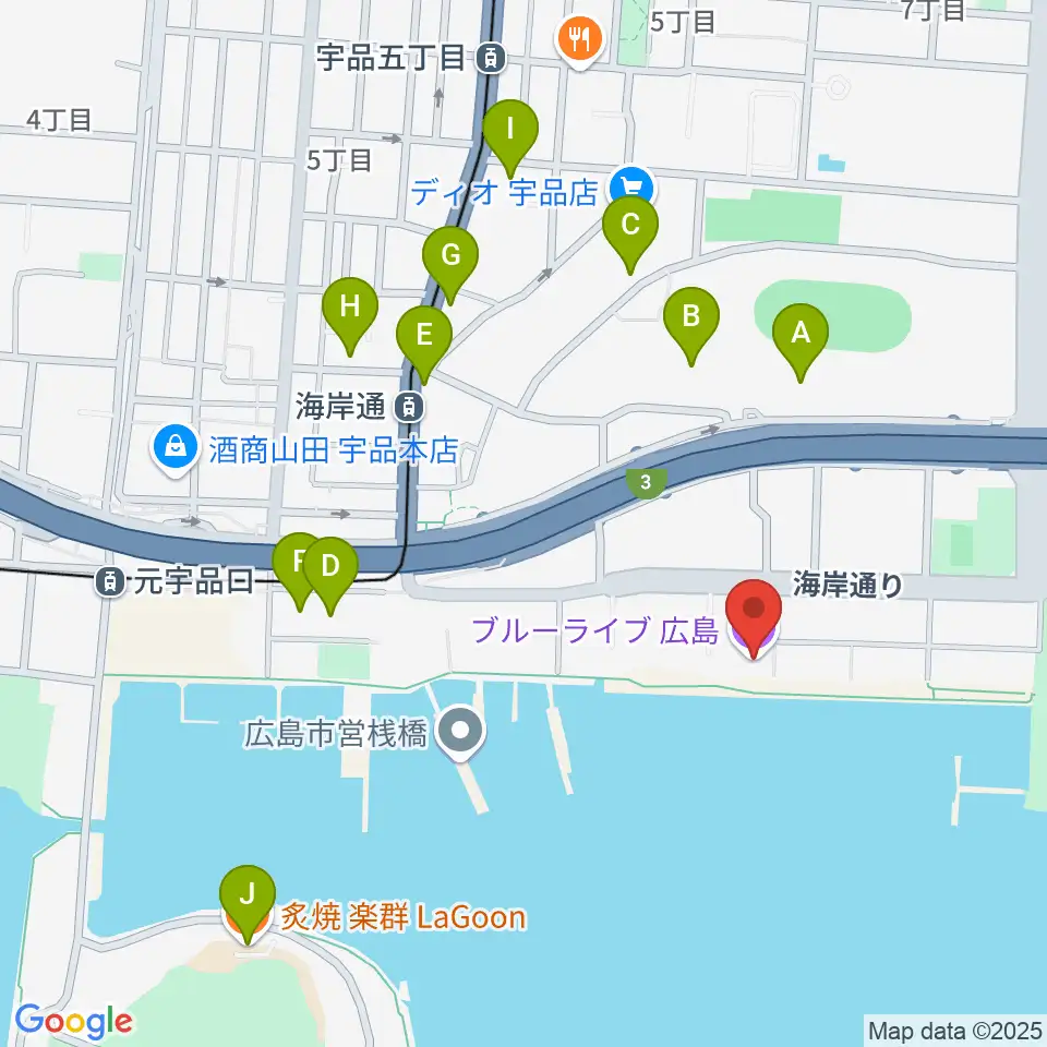ブルーライブ広島周辺のファミレス・ファーストフード一覧地図