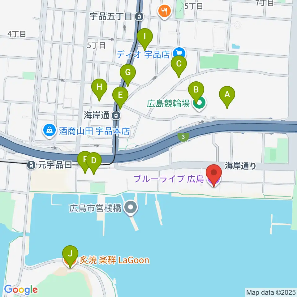 ブルーライブ広島周辺のファミレス・ファーストフード一覧地図