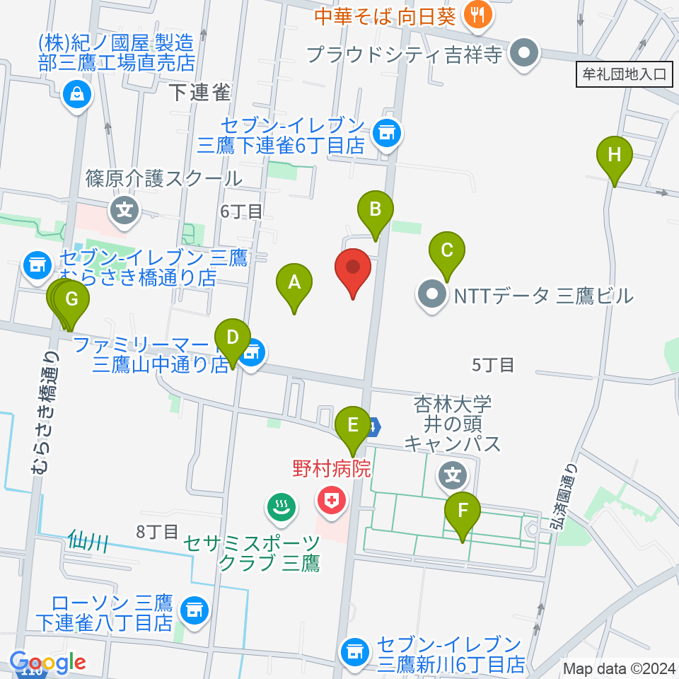 ギタースタジオhacchi周辺のファミレス・ファーストフード一覧地図