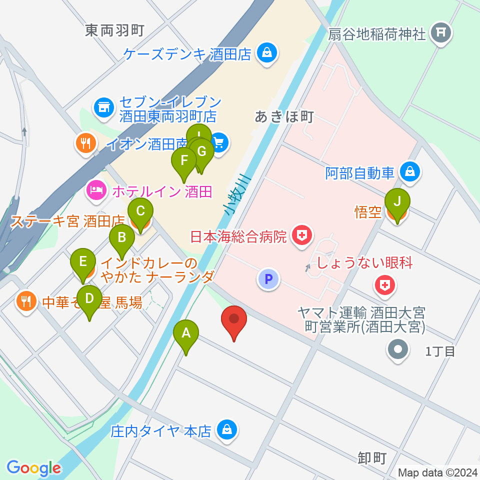 酒田MUSIC FACTORY スタジオ周辺のファミレス・ファーストフード一覧地図