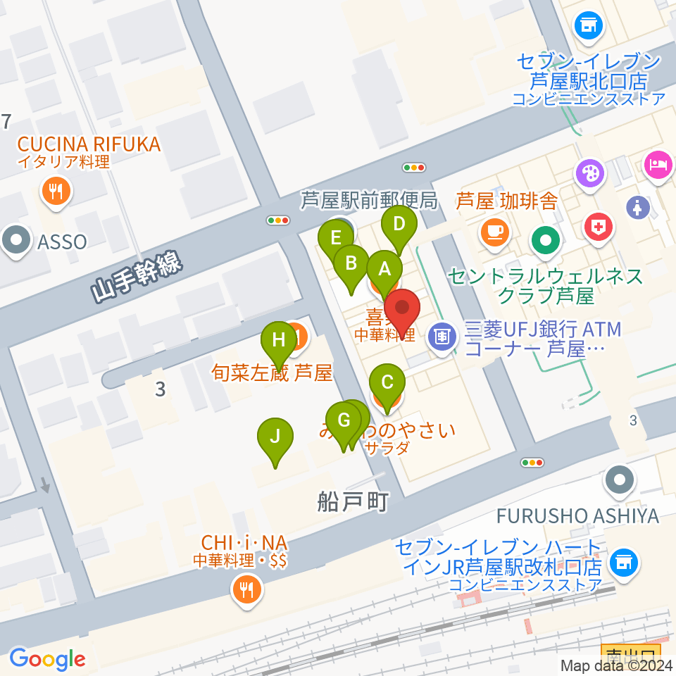 結城カルチャーセンター周辺のファミレス・ファーストフード一覧地図