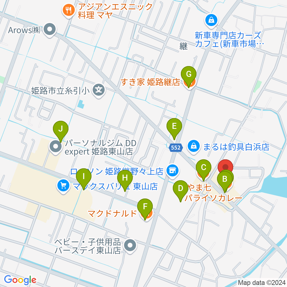 ベータミュージック姫路東店周辺のファミレス・ファーストフード一覧地図