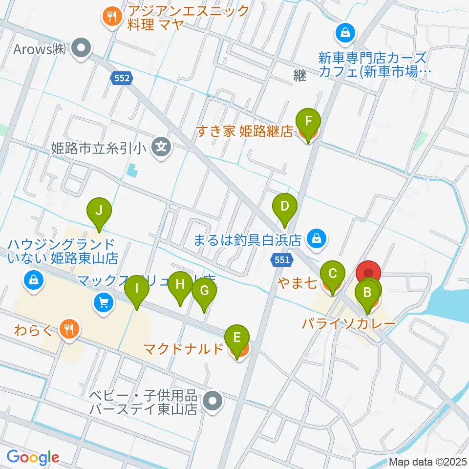 ベータミュージック姫路東店周辺のファミレス・ファーストフード一覧地図