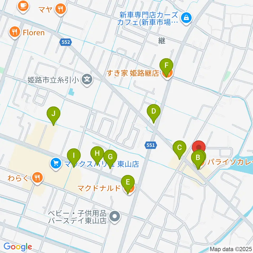 ベータミュージック姫路東店周辺のファミレス・ファーストフード一覧地図