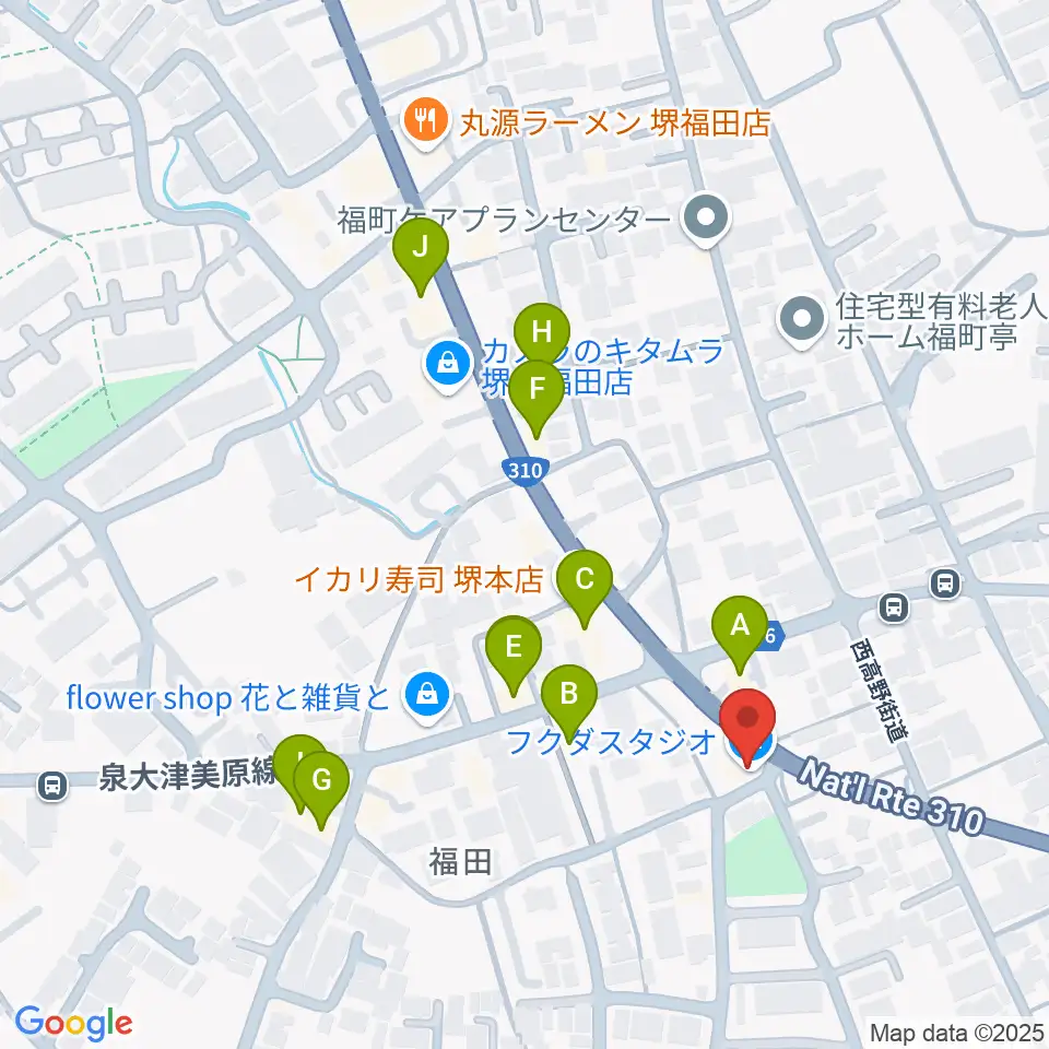 フクダスタジオ周辺のファミレス・ファーストフード一覧地図