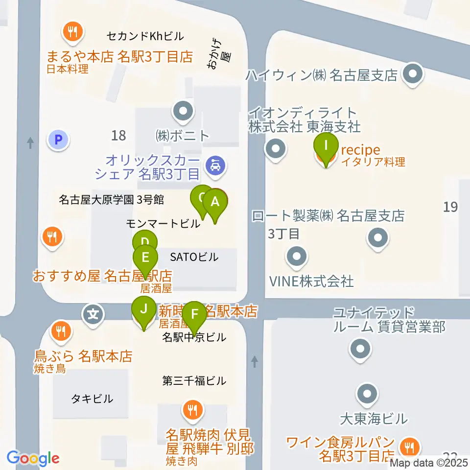 クラブナージ音楽教室 名古屋駅前教室周辺のファミレス・ファーストフード一覧地図