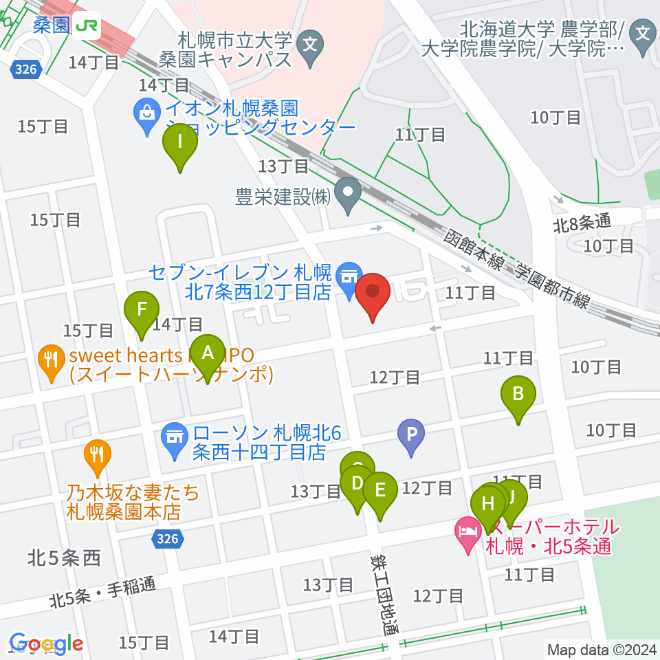 メリフラウズサウンド桑園教室周辺のファミレス・ファーストフード一覧地図