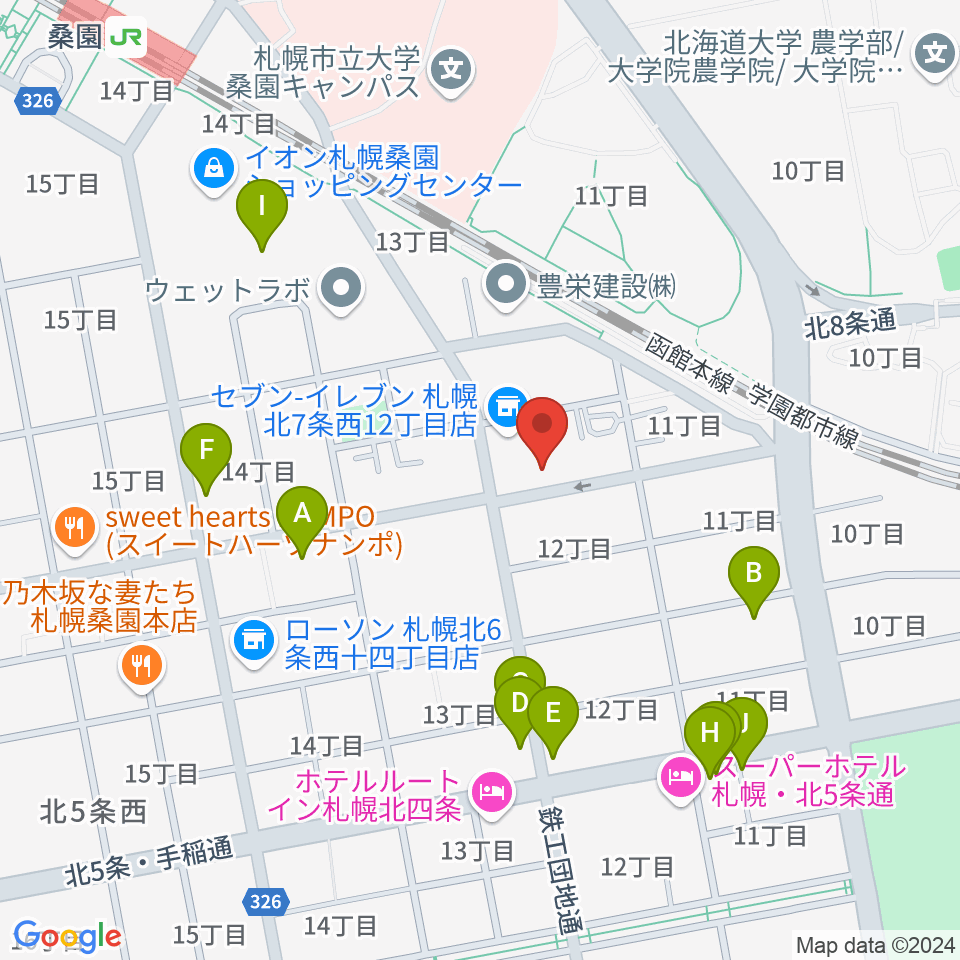 メリフラウズサウンド桑園教室周辺のファミレス・ファーストフード一覧地図