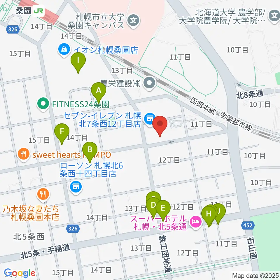 メリフラウズサウンド桑園教室周辺のファミレス・ファーストフード一覧地図