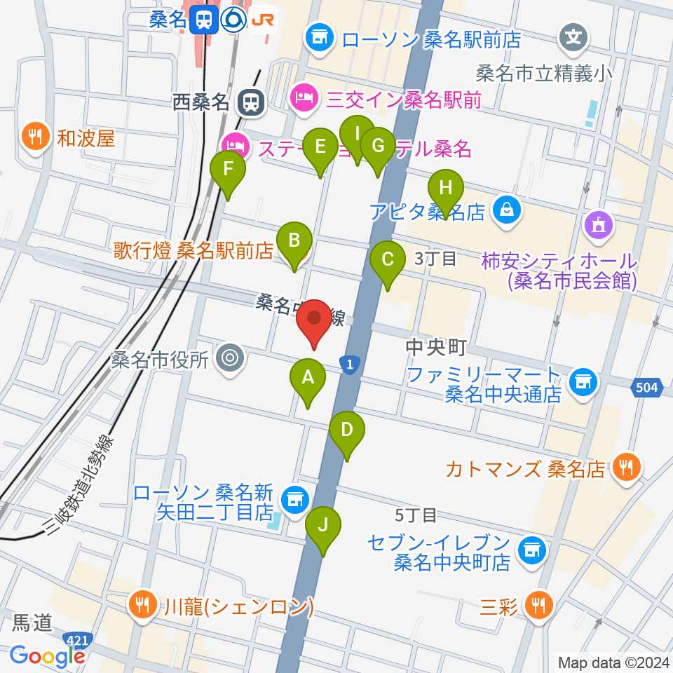 ミュージックショップハマダ周辺のファミレス・ファーストフード一覧地図