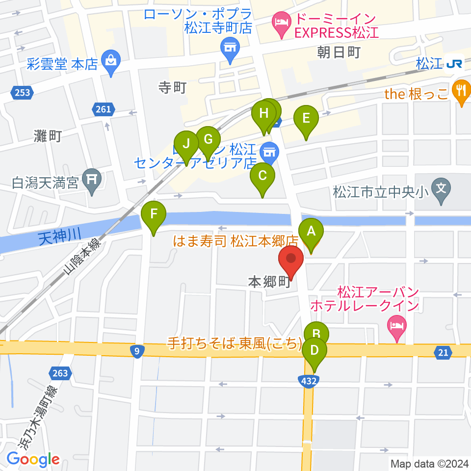 ヤマハパルス米子楽器社 松江店周辺のファミレス・ファーストフード一覧地図