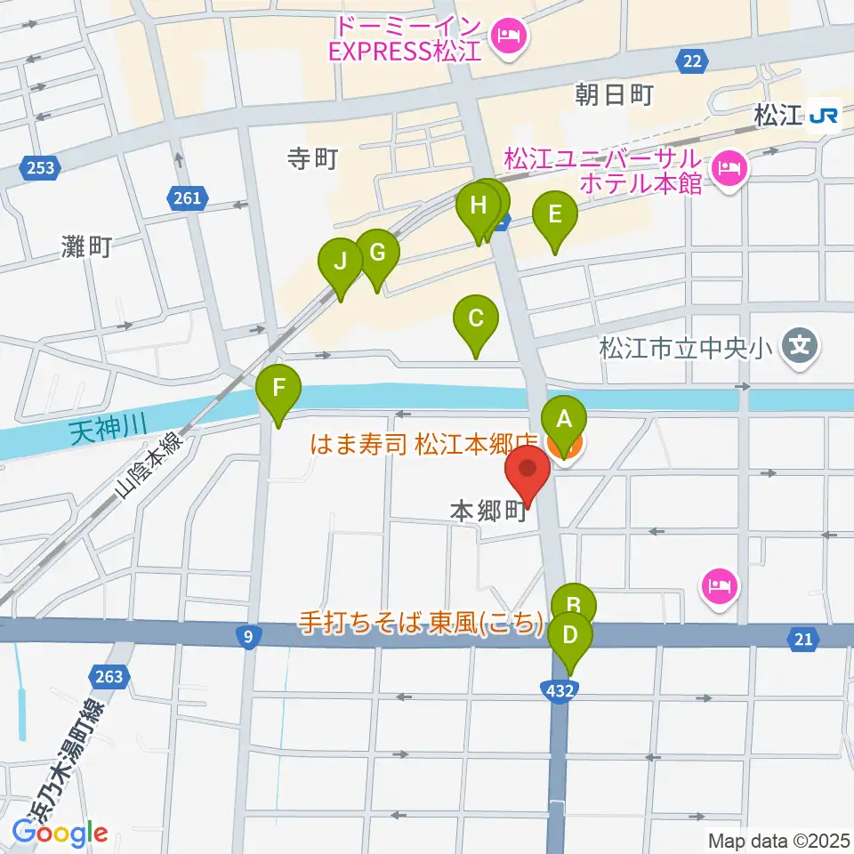 ヤマハパルス米子楽器社 松江店周辺のファミレス・ファーストフード一覧地図