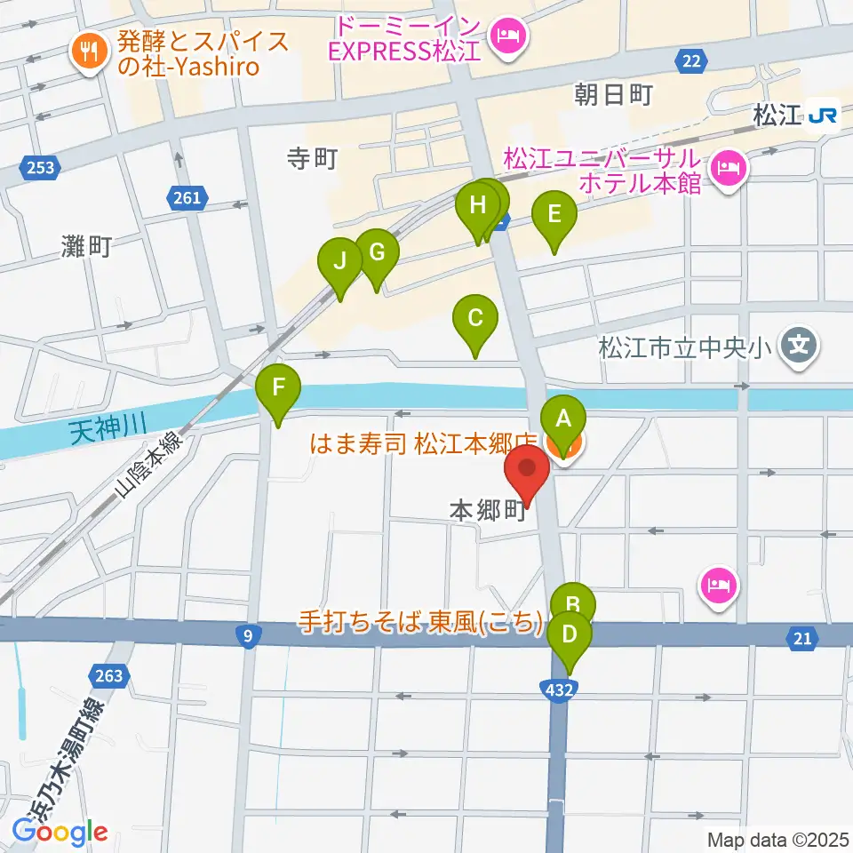 ヤマハパルス米子楽器社 松江店周辺のファミレス・ファーストフード一覧地図