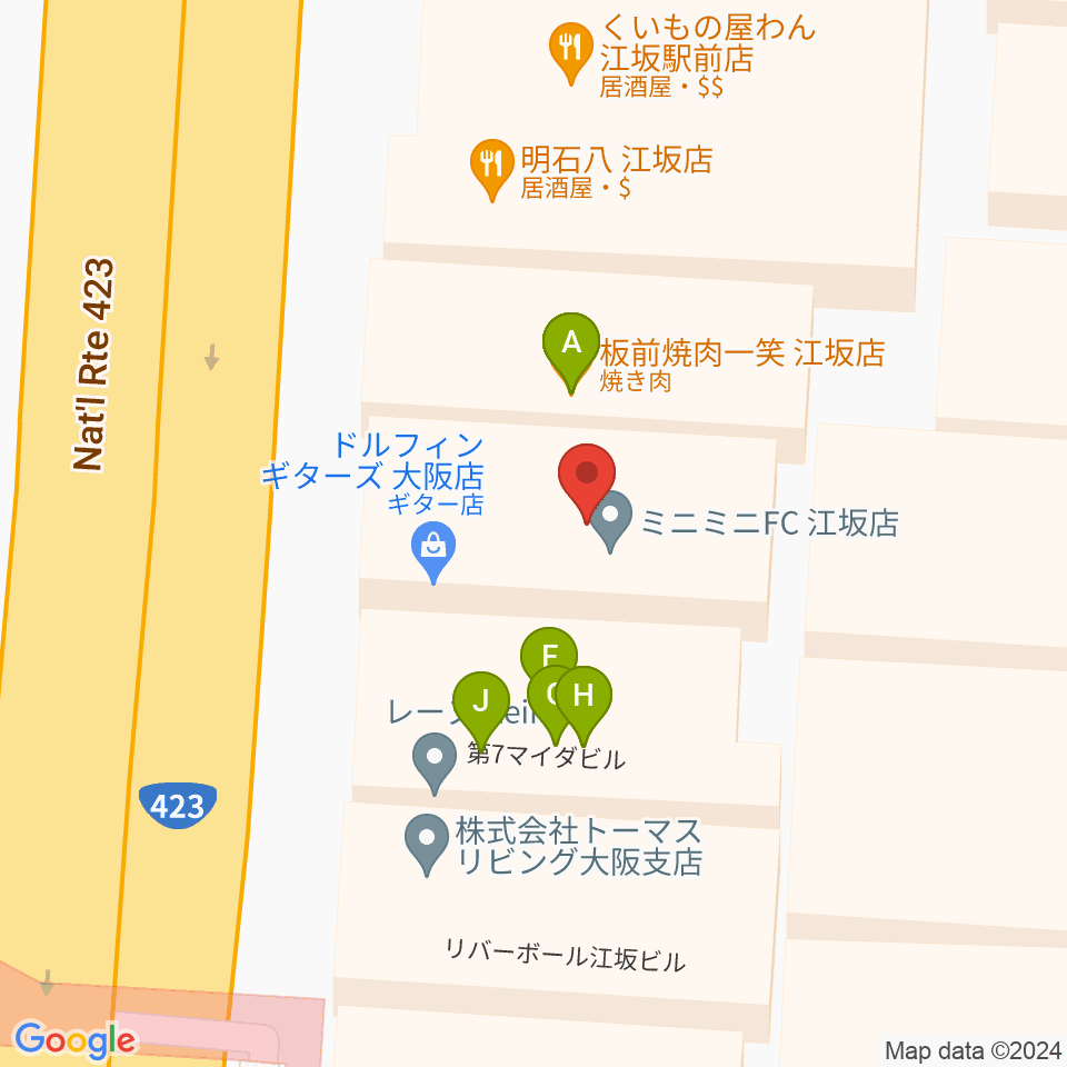 ドルフィンギターズ音楽教室 大阪江坂周辺のファミレス・ファーストフード一覧地図
