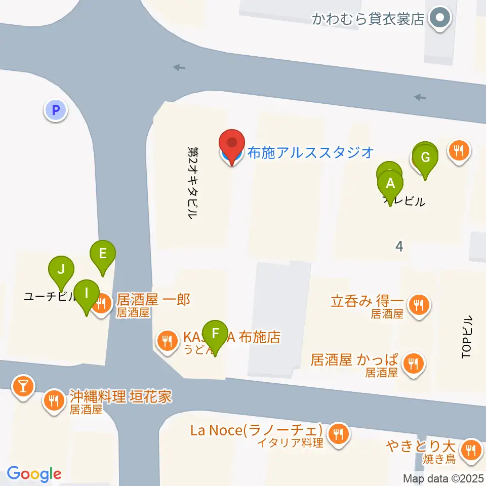 布施アルススタジオ周辺のファミレス・ファーストフード一覧地図