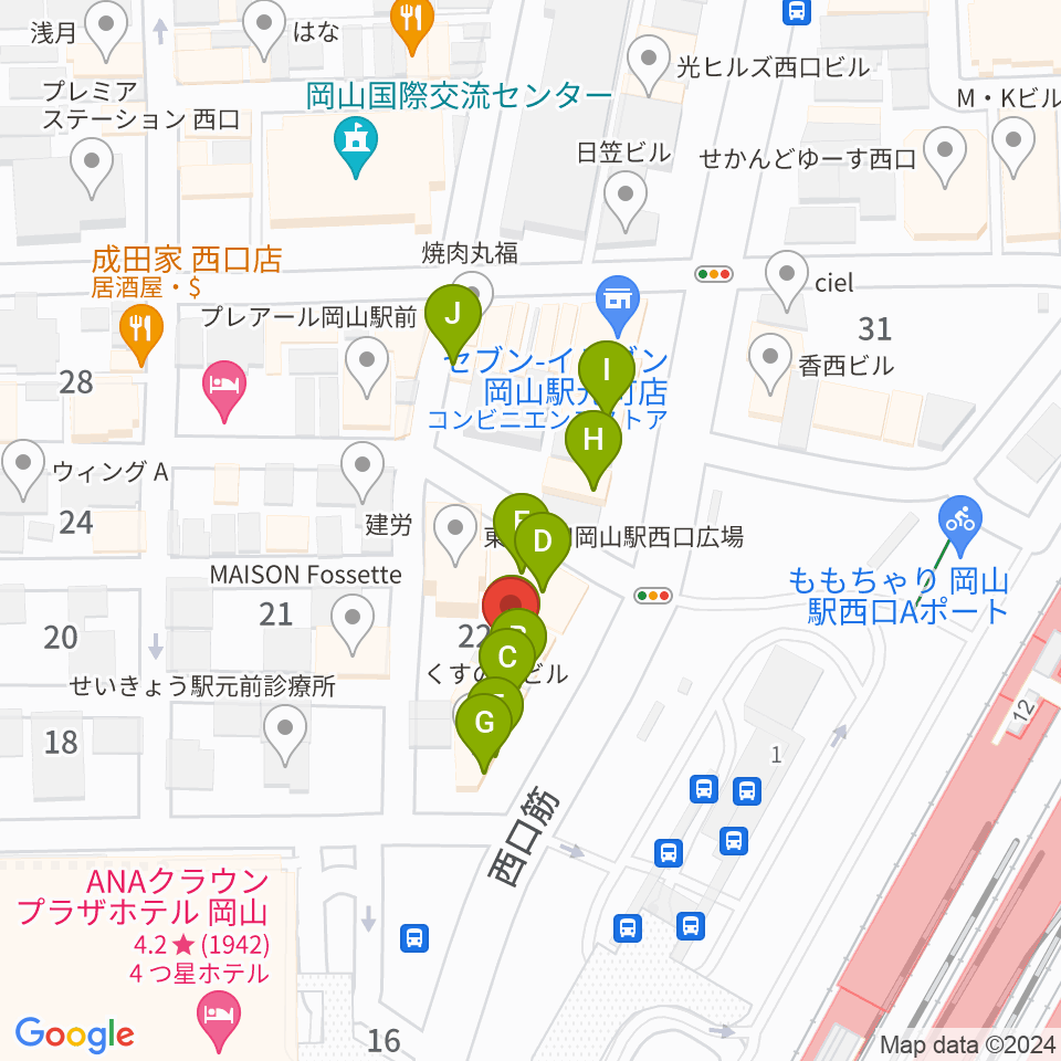 岡山新堀ギター音楽院 周辺のファミレス・ファーストフード一覧地図