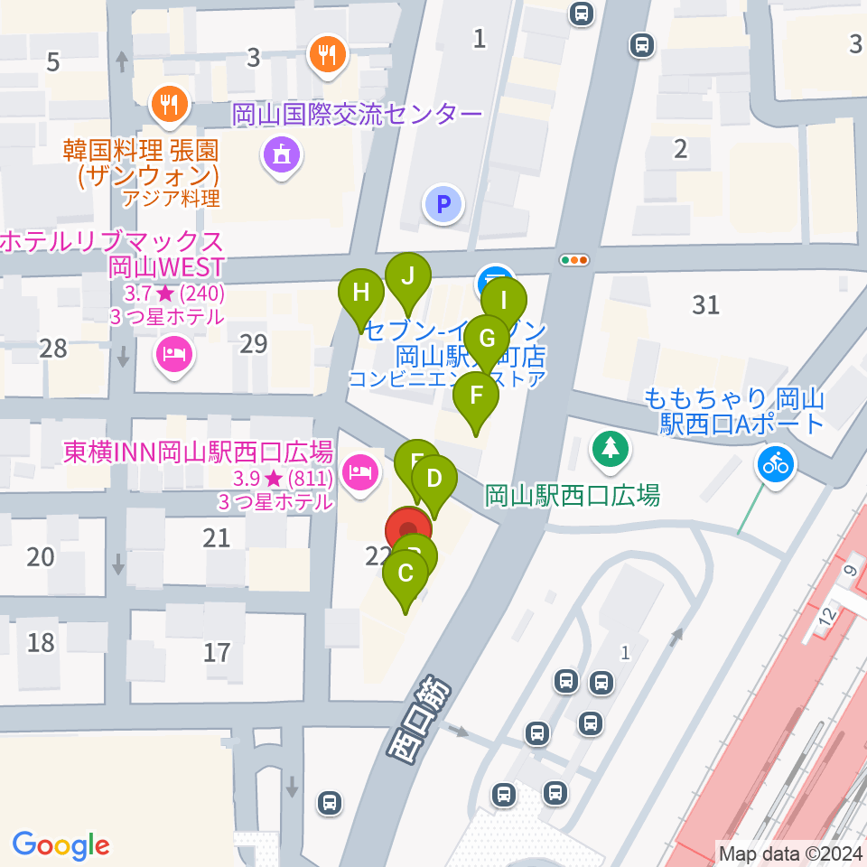 岡山新堀ギター音楽院 周辺のファミレス・ファーストフード一覧地図