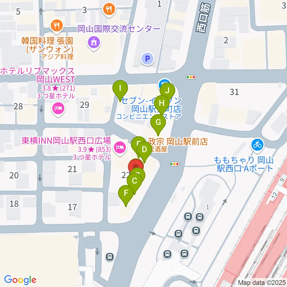 岡山新堀ギター音楽院 周辺のファミレス・ファーストフード一覧地図