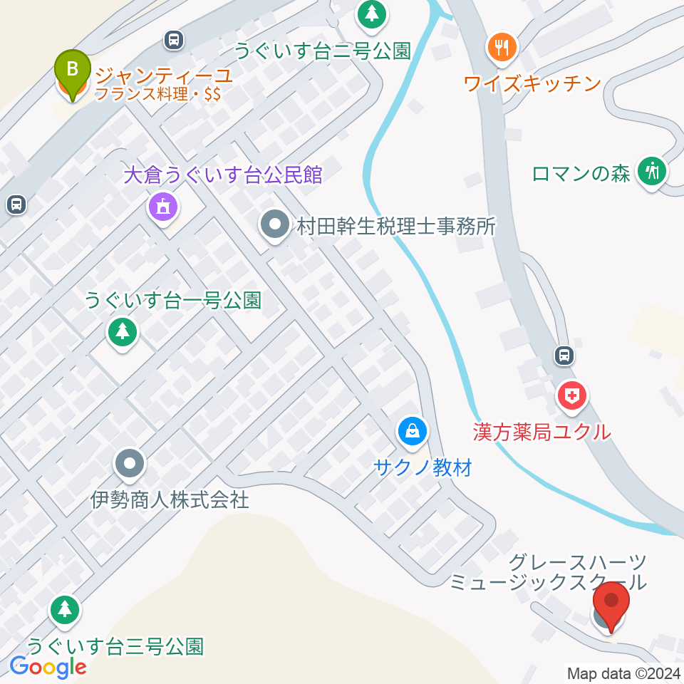 グレースハーツミュージックスクール周辺のファミレス・ファーストフード一覧地図