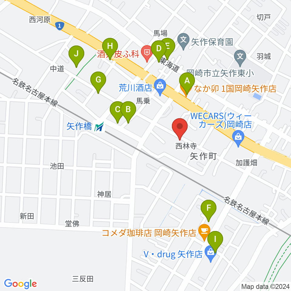 パピーミュージックスクール岡崎矢作教室周辺のファミレス・ファーストフード一覧地図