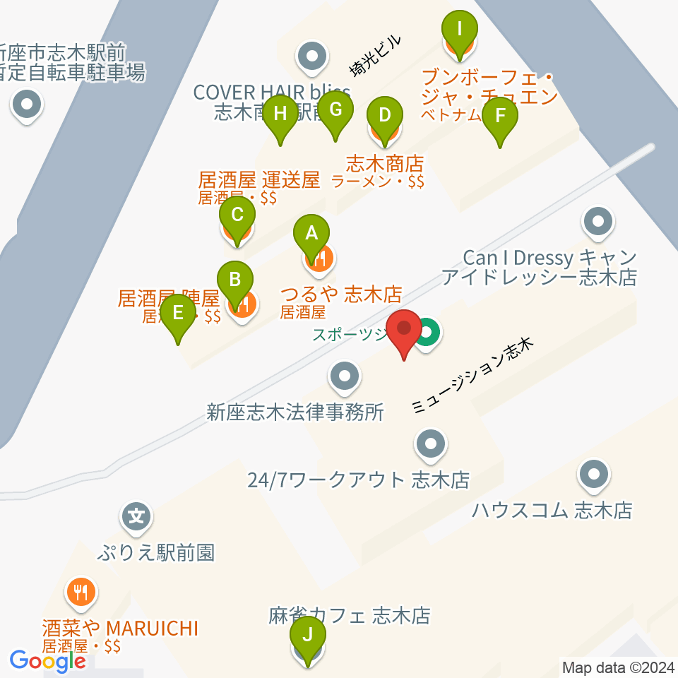 ギタースクールTSG周辺のファミレス・ファーストフード一覧地図