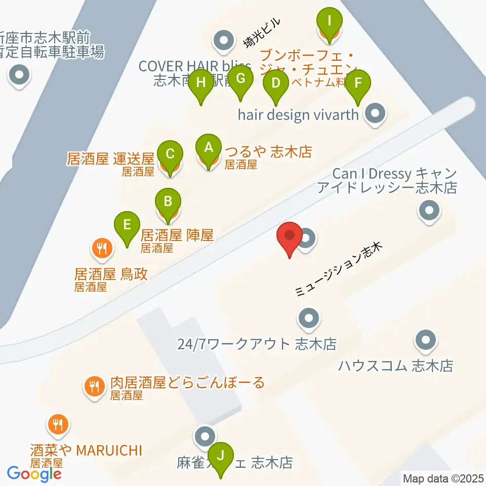 ギタースクールTSG周辺のファミレス・ファーストフード一覧地図