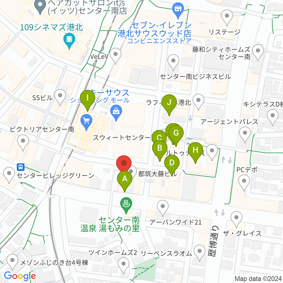 平山音楽院 センター南教室周辺のファミレス・ファーストフード一覧地図