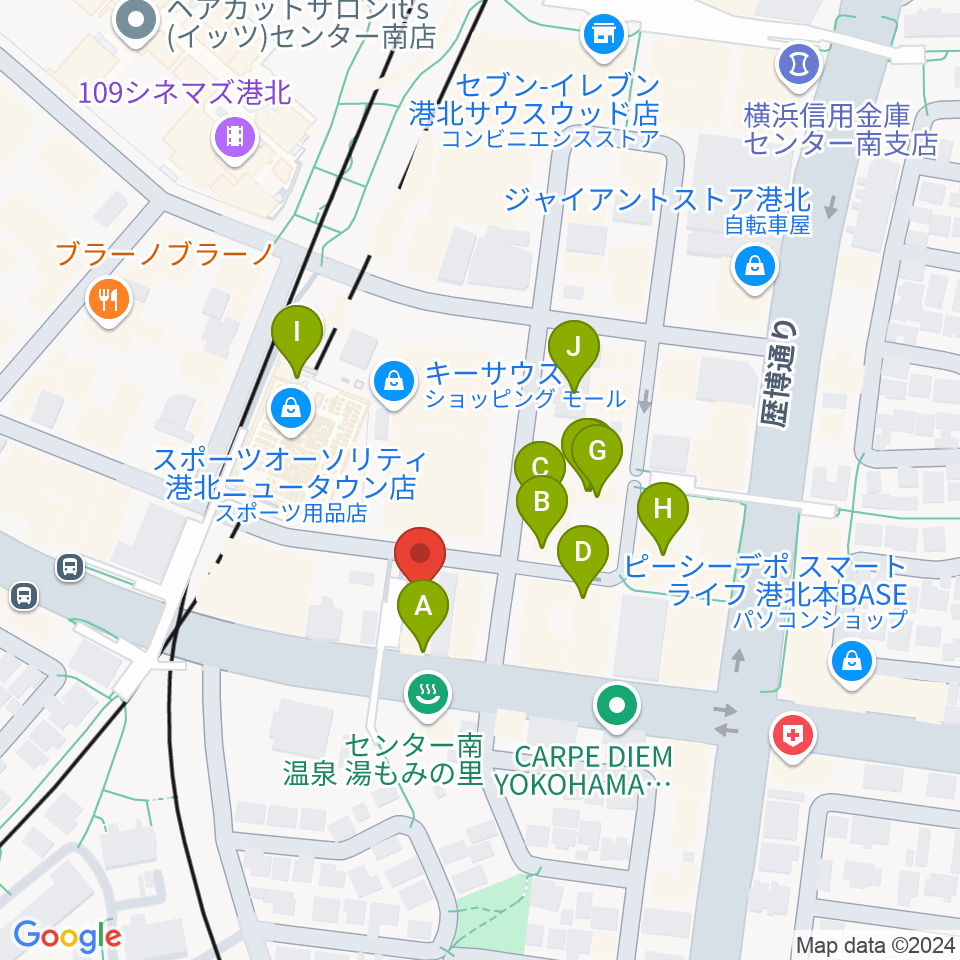 平山音楽院 センター南教室周辺のファミレス・ファーストフード一覧地図