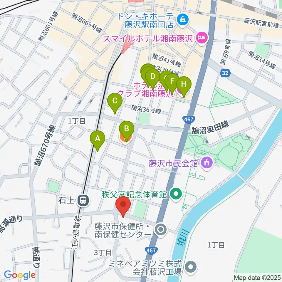スズキ・メソード音楽教室 湘南センター周辺のファミレス・ファーストフード一覧地図