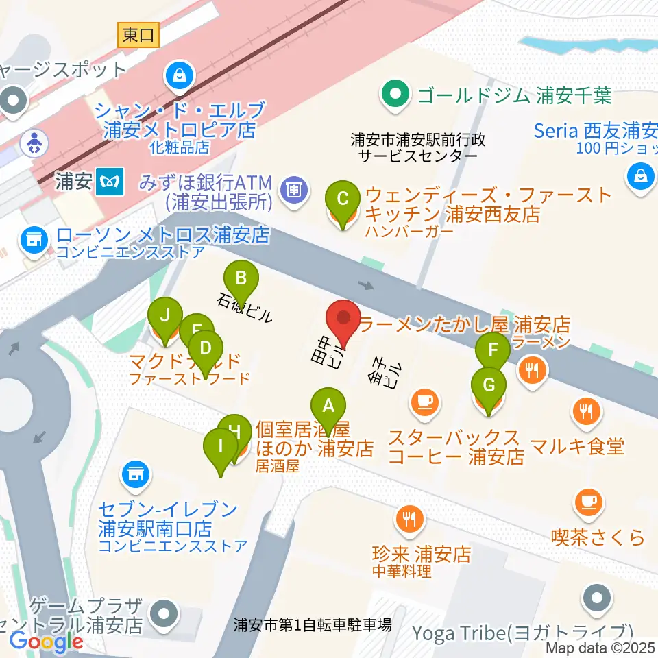 浦安ミュージックセンター周辺のファミレス・ファーストフード一覧地図
