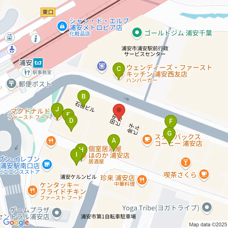 浦安ミュージックセンター周辺のファミレス・ファーストフード一覧地図