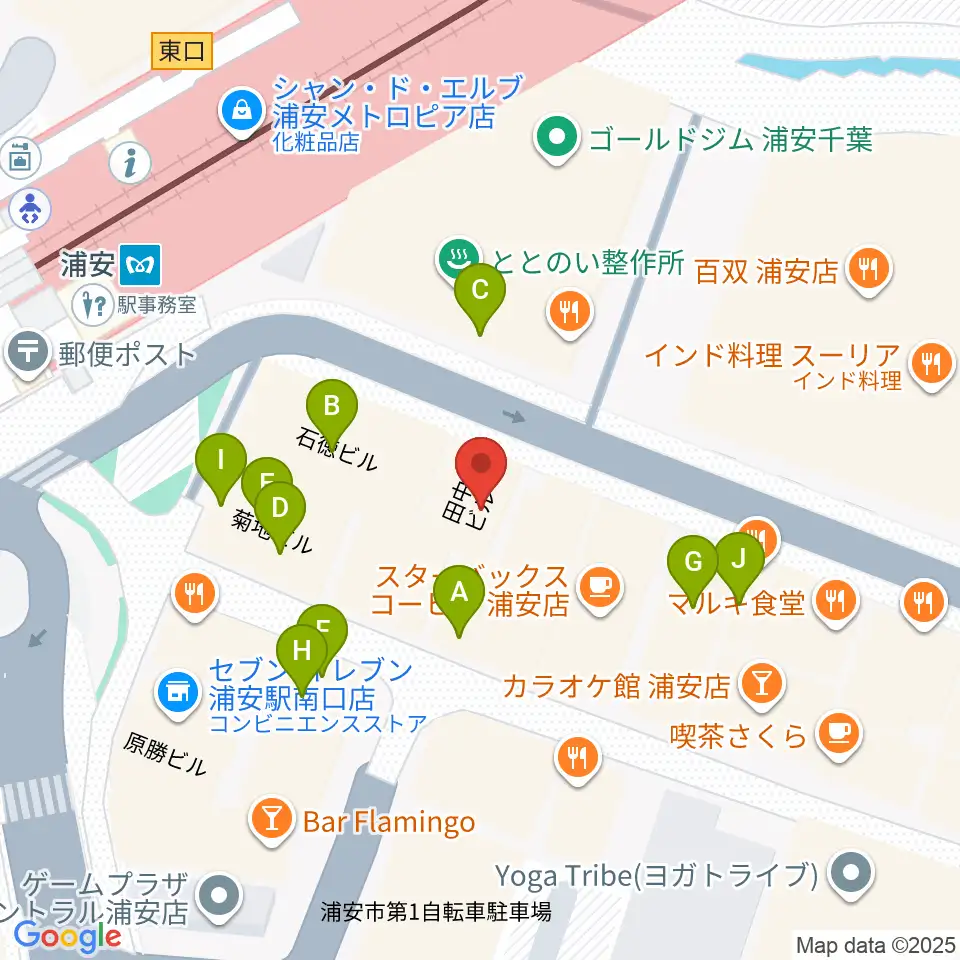 浦安ミュージックセンター周辺のファミレス・ファーストフード一覧地図