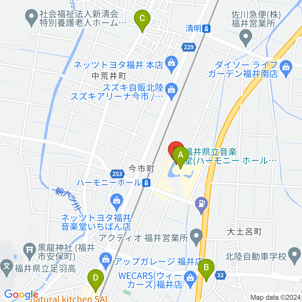 ハーモニーホールふくい 福井県立音楽堂周辺のファミレス・ファーストフード一覧地図