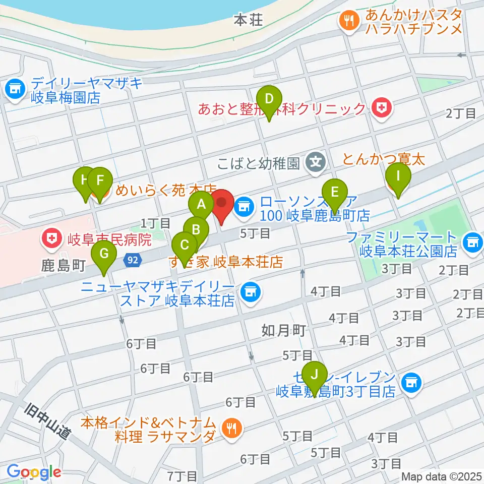 M's MUSIC SCHOOL & LIVEHALL周辺のファミレス・ファーストフード一覧地図