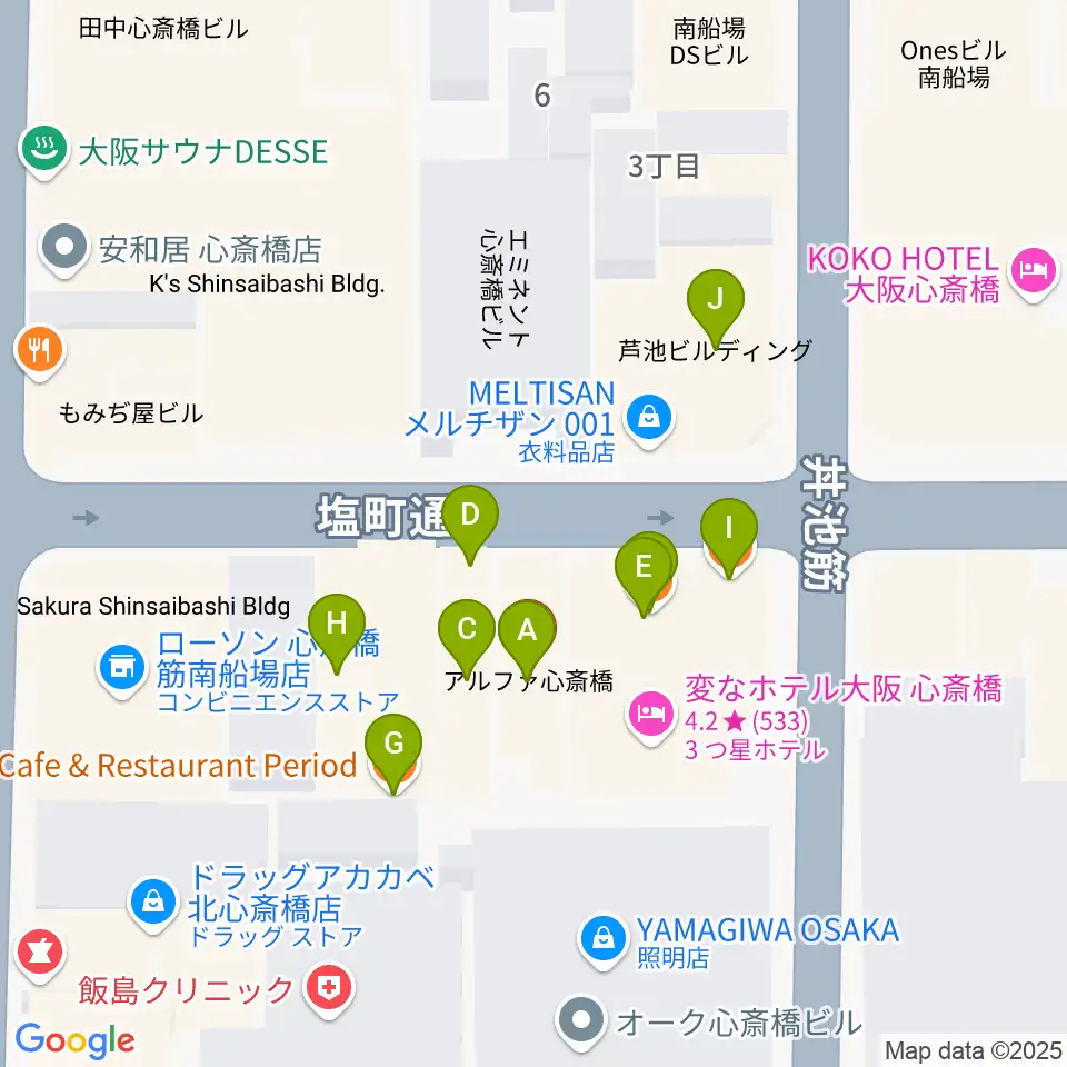 プラスミュージック心斎橋周辺のファミレス・ファーストフード一覧地図
