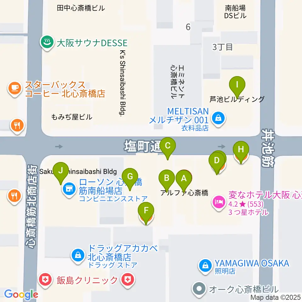 プラスミュージック心斎橋周辺のファミレス・ファーストフード一覧地図