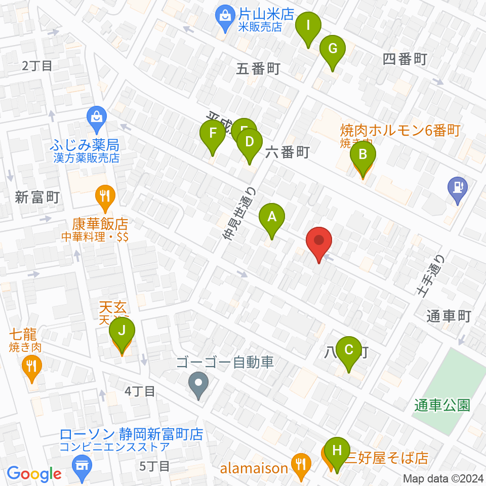 山崎音楽教室 七番町教室周辺のファミレス・ファーストフード一覧地図