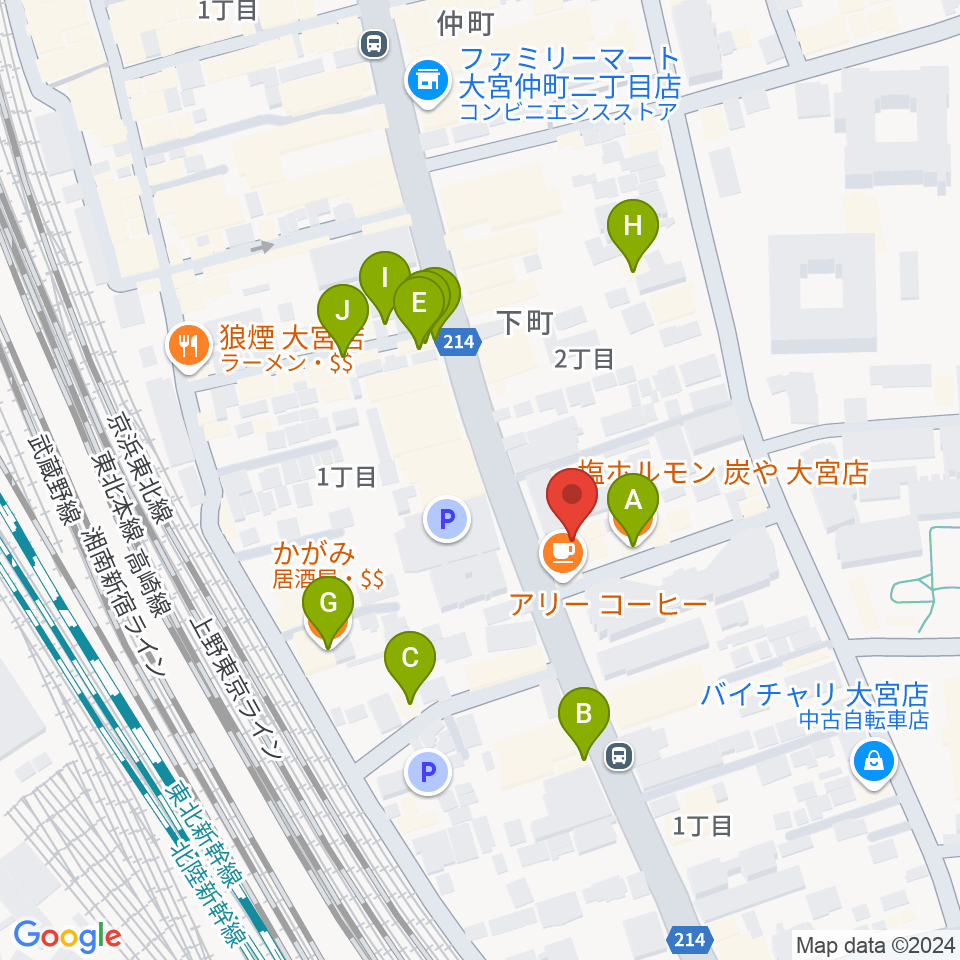 柏屋楽器 スタジオアティック 大宮店周辺のファミレス・ファーストフード一覧地図